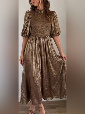 Anthropologie THE ODELLS Elegant Metallic Burgundy Midi Dress Sz S